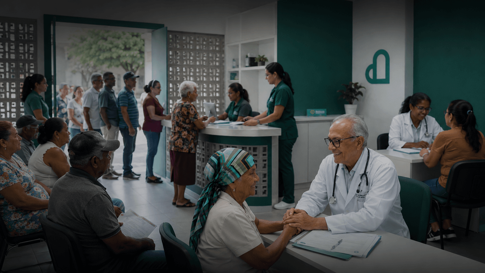 Mutirão de saúde com fila organizada, equipe atendendo e pacientes em ação
